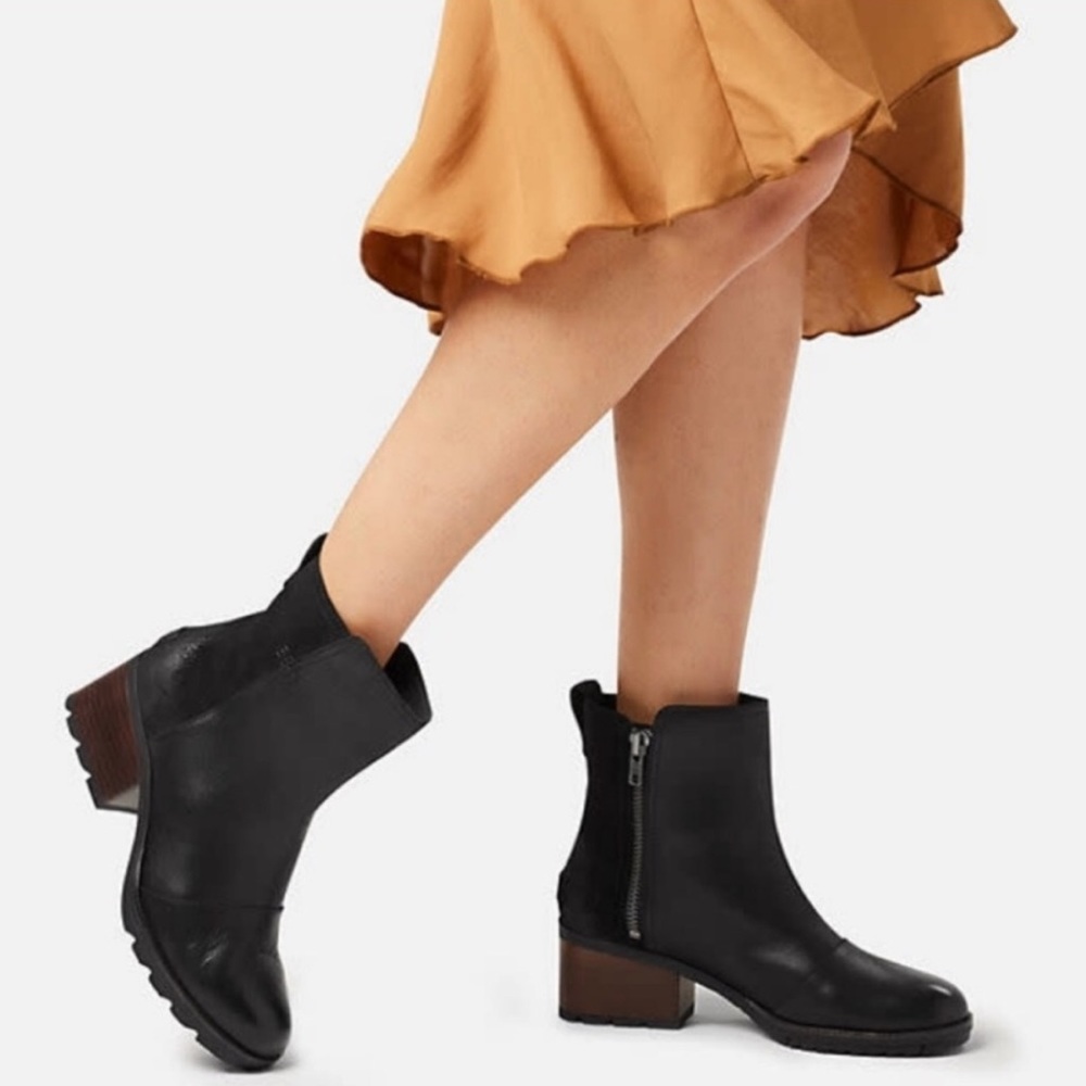 Sorel CATE Leather Black Ankle Boot Booties Side Zip 2” Block Heel Comfortable